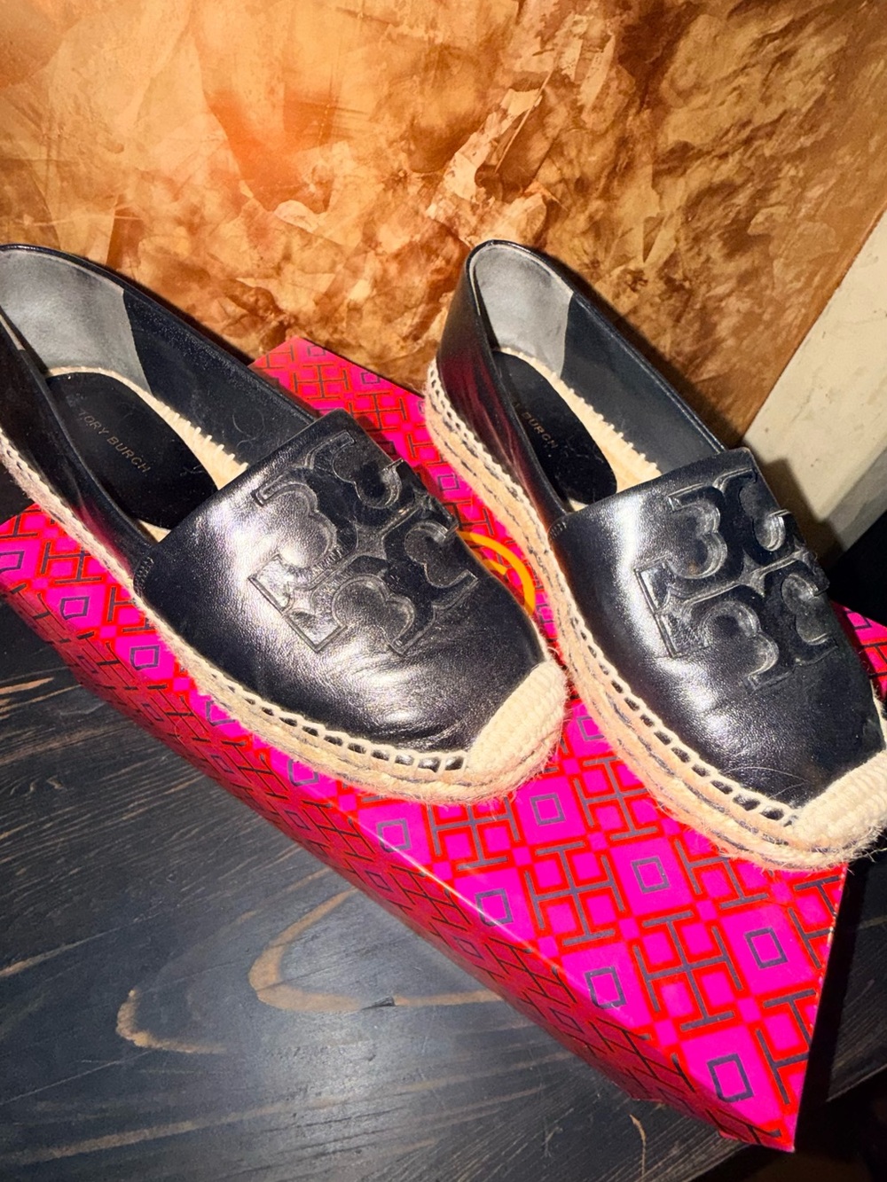 Tory Burch Black Leather Espadrille Slip-On Flats - Picture 1 of 5